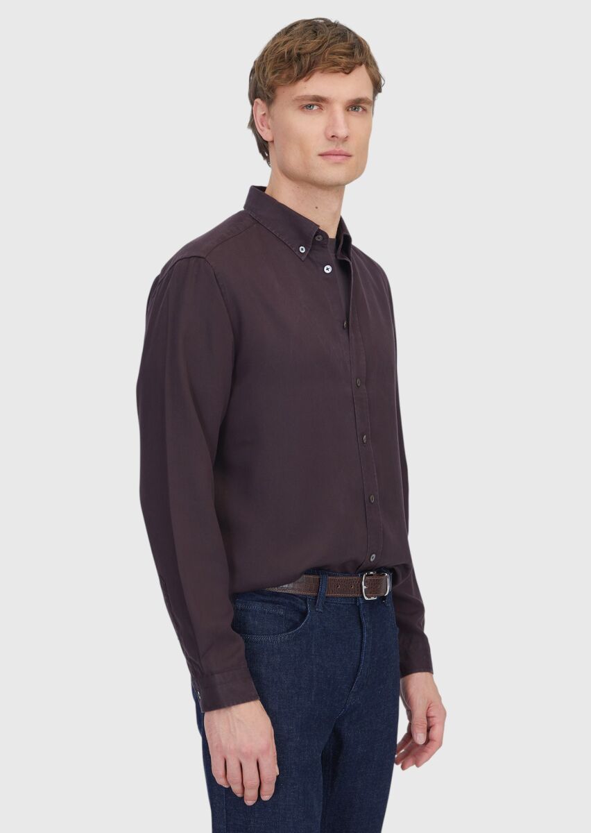 Mürdüm Düz Uzun Dokuma Casual Gömlek - 3