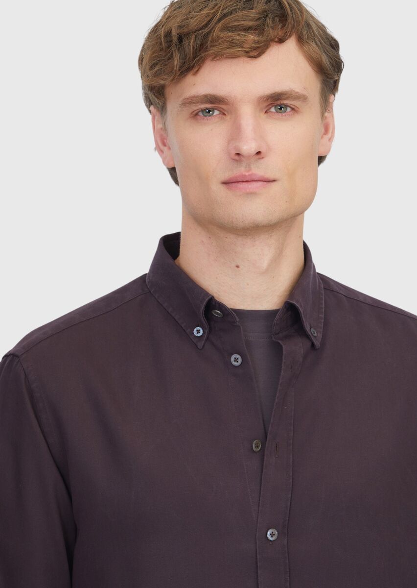 Mürdüm Düz Uzun Dokuma Casual Gömlek - 4