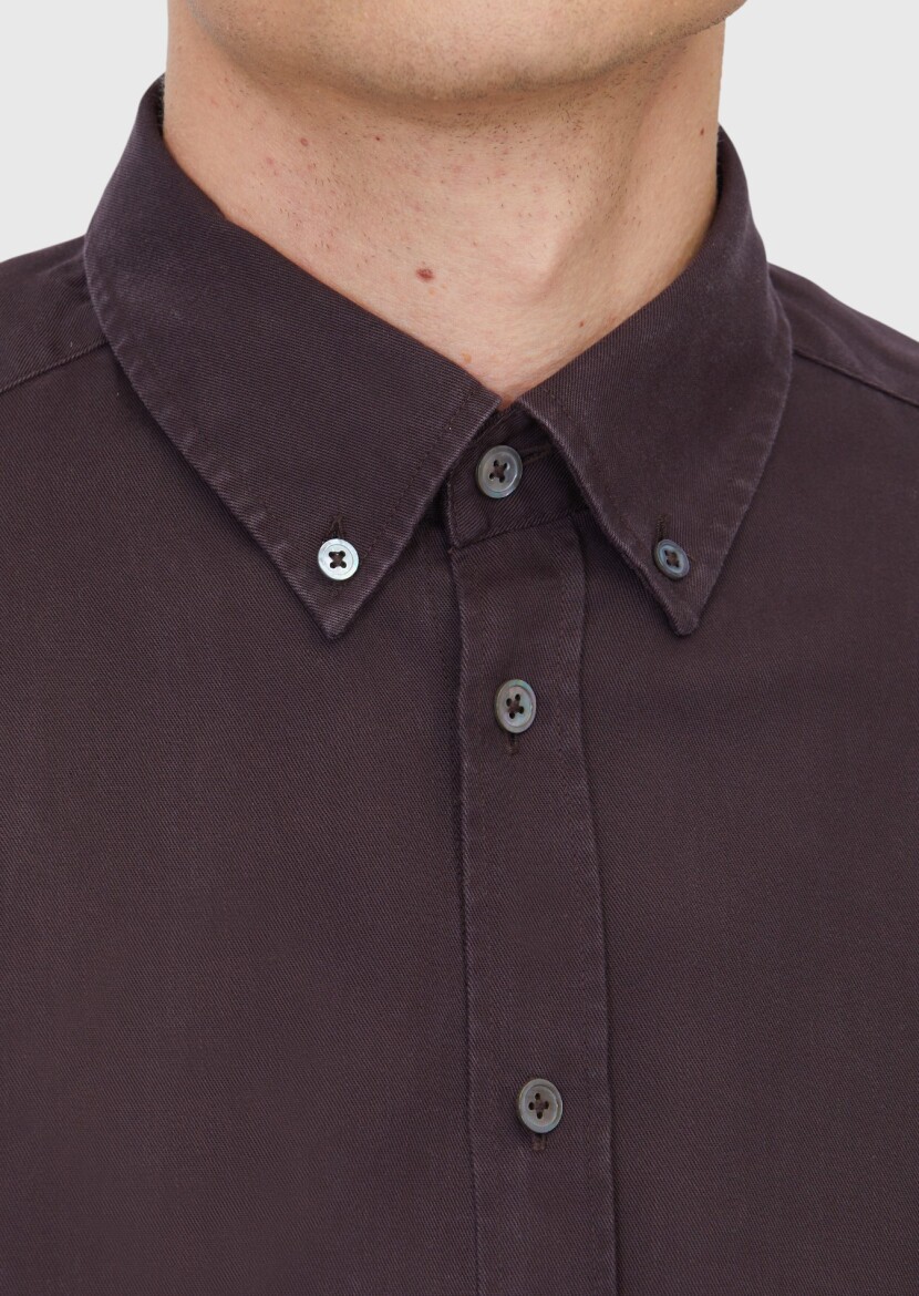 Mürdüm Düz Uzun Dokuma Casual Gömlek - 5