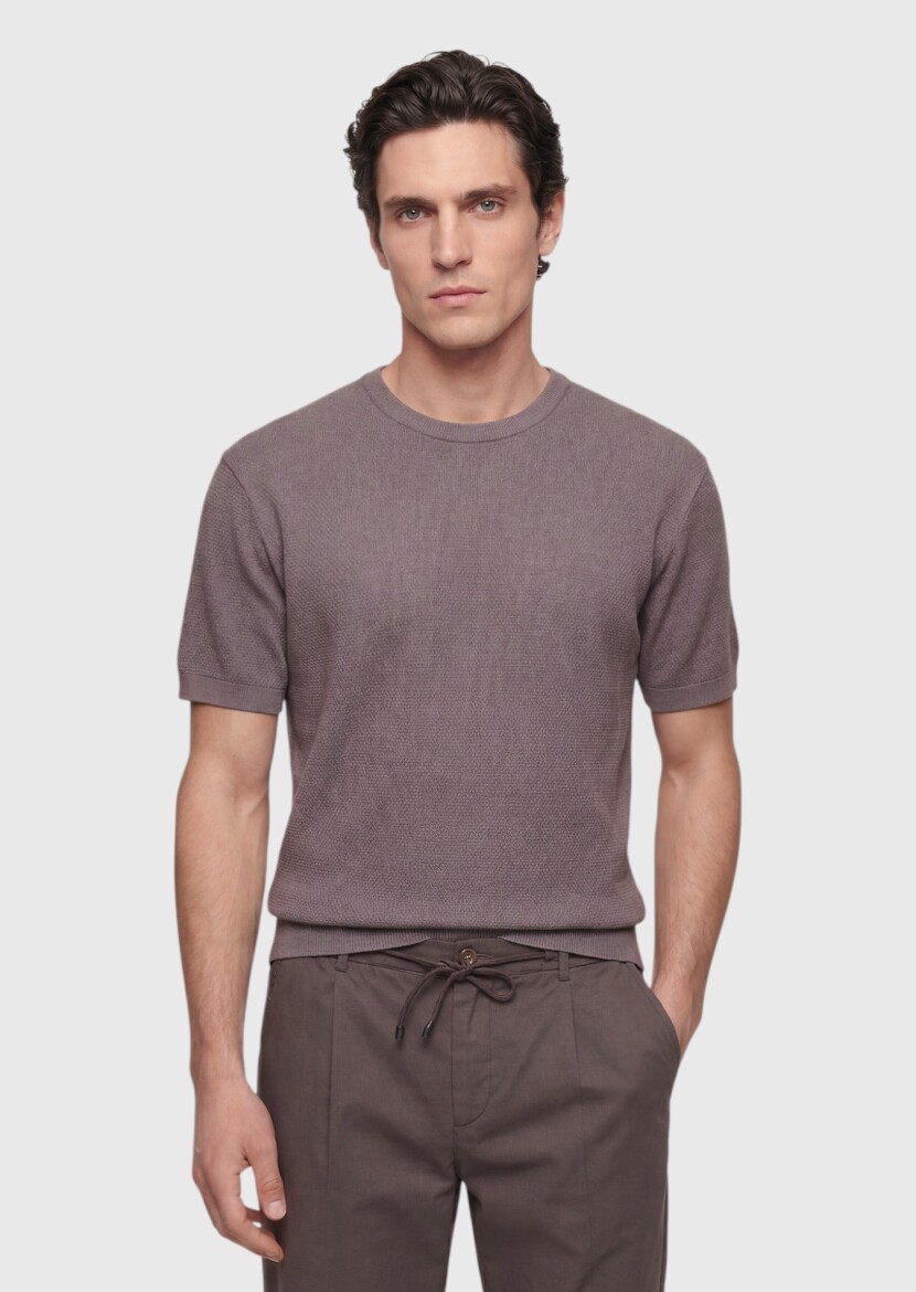 Mürdüm Jakarlı %100 Pamuk T-Shirt - 1