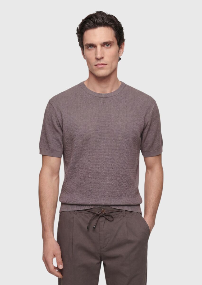 Mürdüm Jakarlı %100 Pamuk T-Shirt - 1