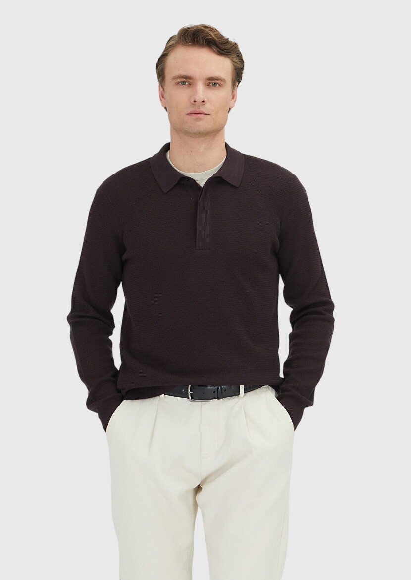 Mürdüm Polo Yaka Jakarlı Yün Karışımlı Triko Kazak - 1