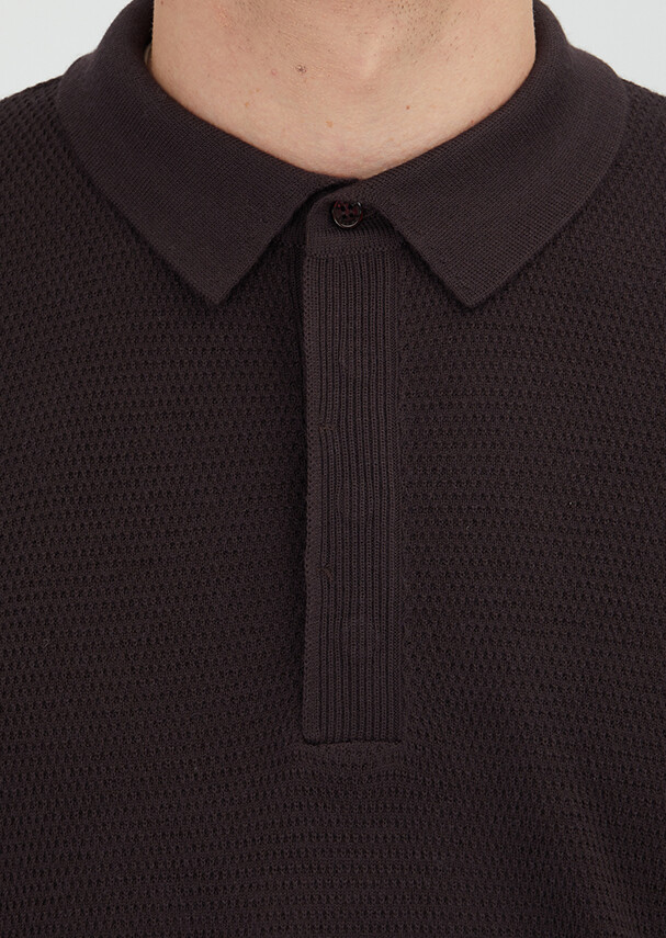 Mürdüm Polo Yaka Jakarlı Yün Karışımlı Triko Kazak - 4