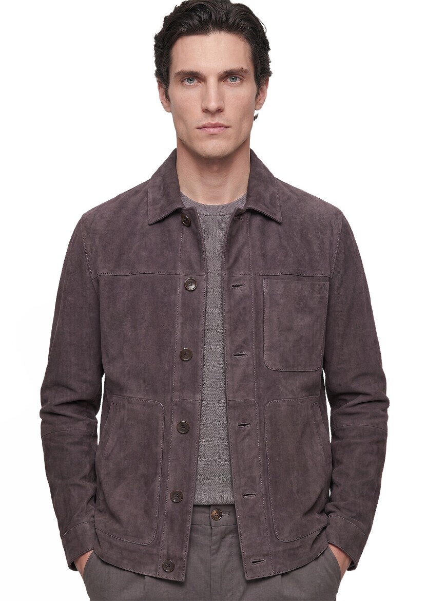 Mürdüm Regular Fit Gömlek Yaka Casual Süet Deri Mont - 3