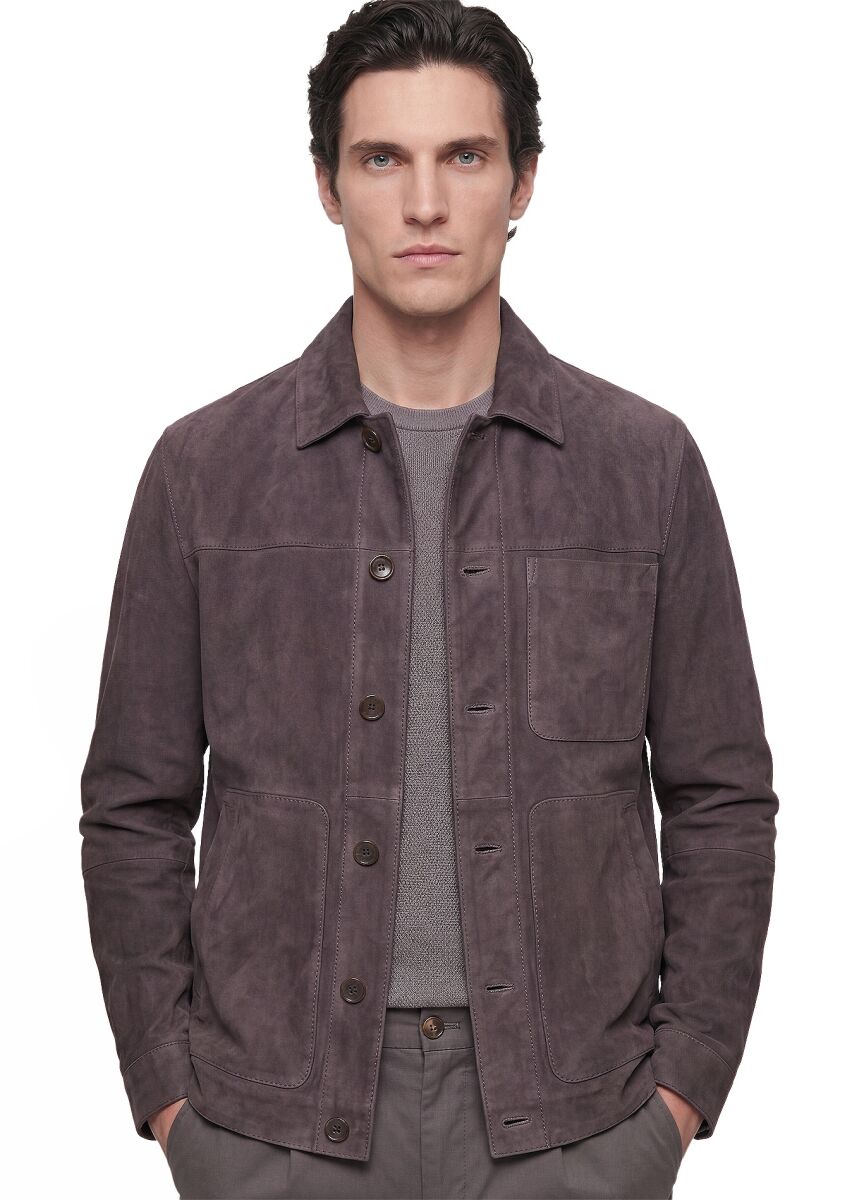 Mürdüm Regular Fit Gömlek Yaka Casual Süet Deri Mont - 3