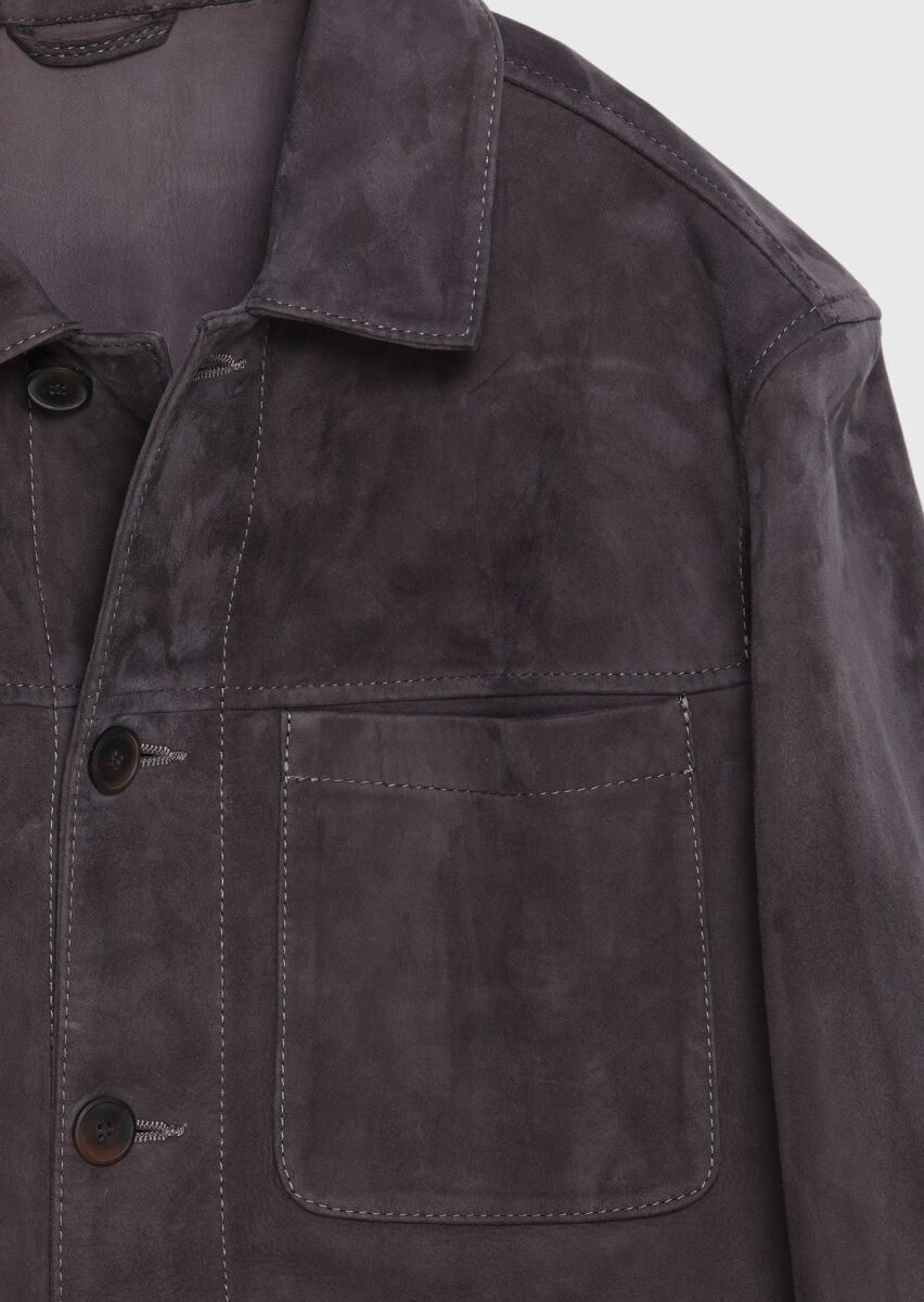 Mürdüm Regular Fit Gömlek Yaka Casual Süet Deri Mont - 6