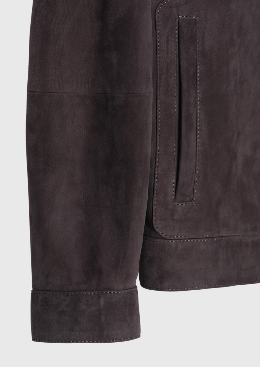 Mürdüm Regular Fit Gömlek Yaka Casual Süet Deri Mont - 7