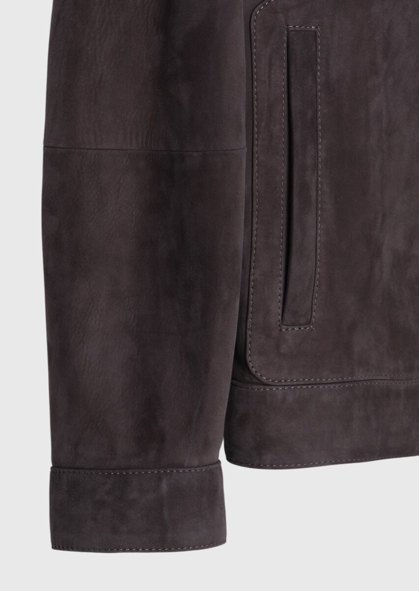 Mürdüm Regular Fit Gömlek Yaka Casual Süet Deri Mont - 7