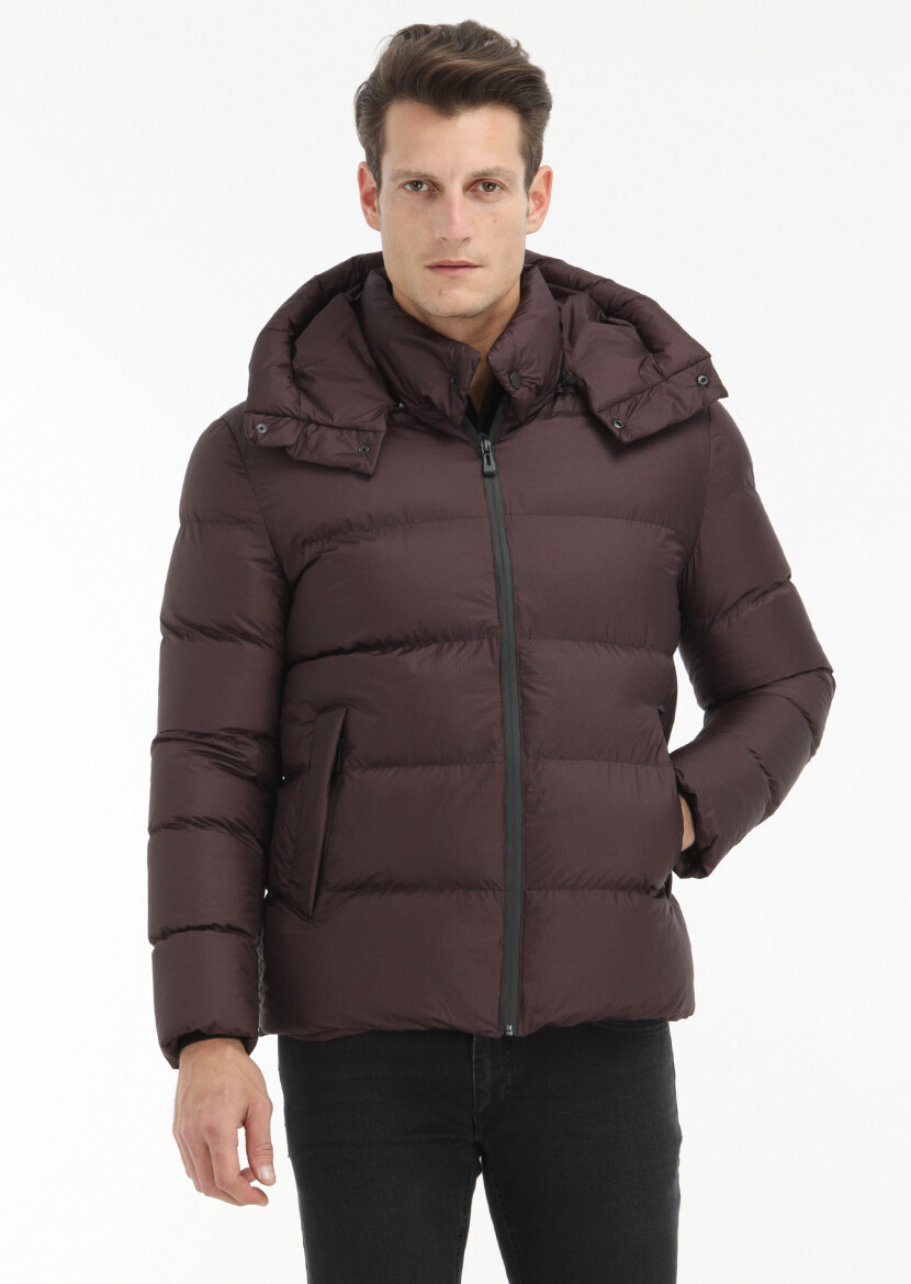 Mürdüm Regular Fit Kapüşonlu Casual Dokuma Mont 