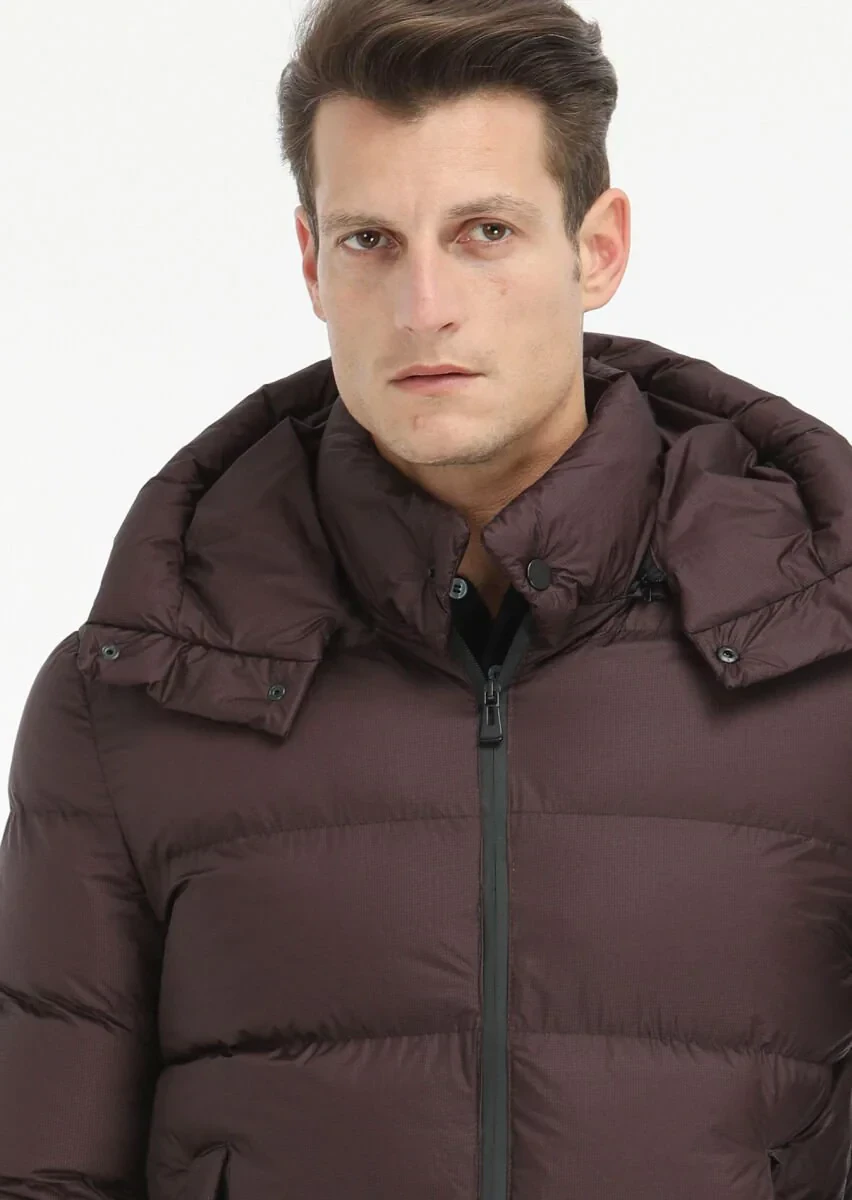 Mürdüm Regular Fit Kapüşonlu Casual Dokuma Mont - 4