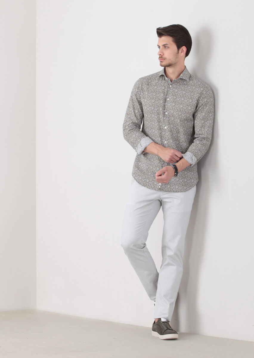 Mustard Printed Slim Fit Long Weaving Casual Cotton Blended Shirt - 1