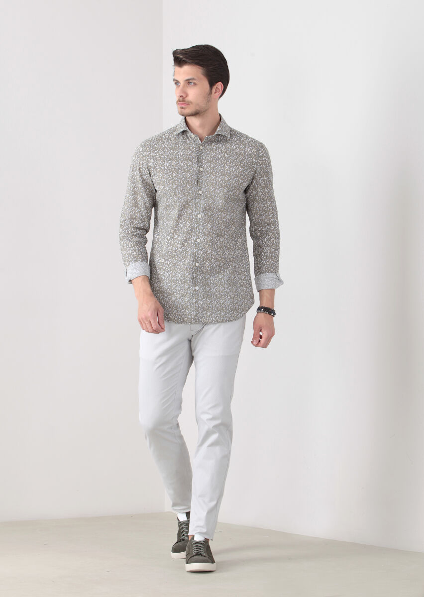 Mustard Printed Slim Fit Long Weaving Casual Cotton Blended Shirt - 2