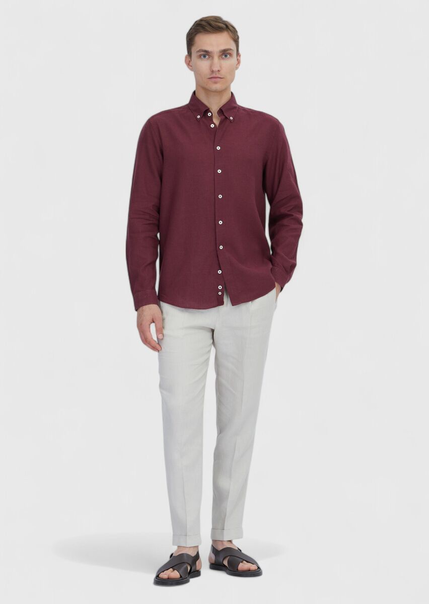 Nar Çiçeği Düz Casual Fit Uzun Dokuma Casual Pamuk Karışımlı Gömlek - 2