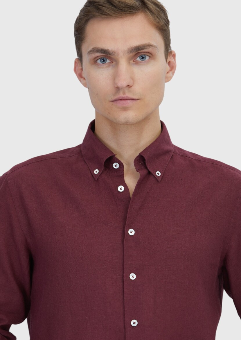 Nar Çiçeği Düz Casual Fit Uzun Dokuma Casual Pamuk Karışımlı Gömlek - 3