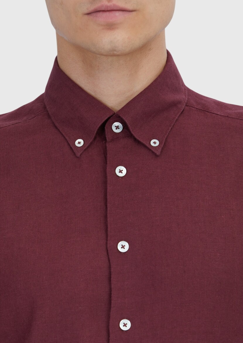 Nar Çiçeği Düz Casual Fit Uzun Dokuma Casual Pamuk Karışımlı Gömlek - 4