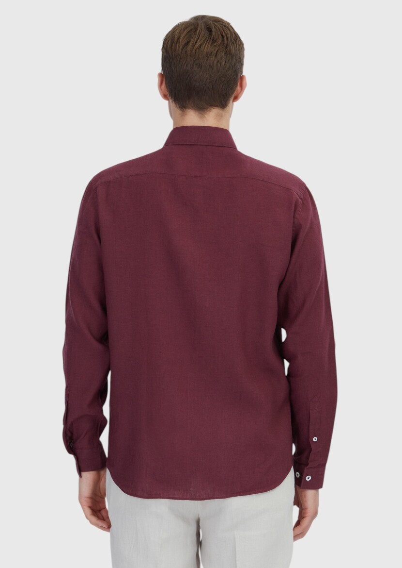 Nar Çiçeği Düz Casual Fit Uzun Dokuma Casual Pamuk Karışımlı Gömlek - 5