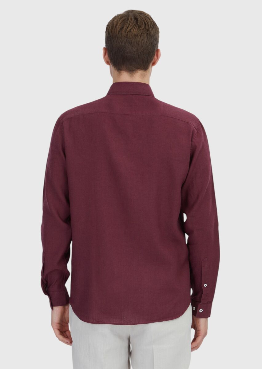 Nar Çiçeği Düz Casual Fit Uzun Dokuma Casual Pamuk Karışımlı Gömlek - 5