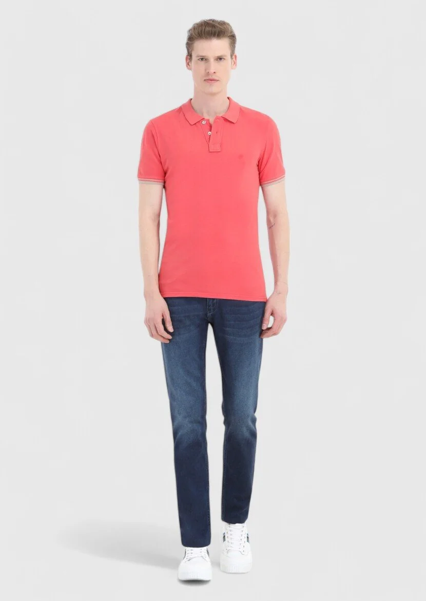 Nar Çiçeği Düz Polo Yaka %100 Pamuk T-Shirt - 1