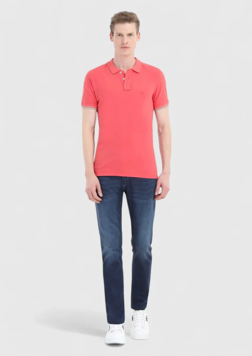 Nar Çiçeği Düz Polo Yaka %100 Pamuk T-Shirt - 1
