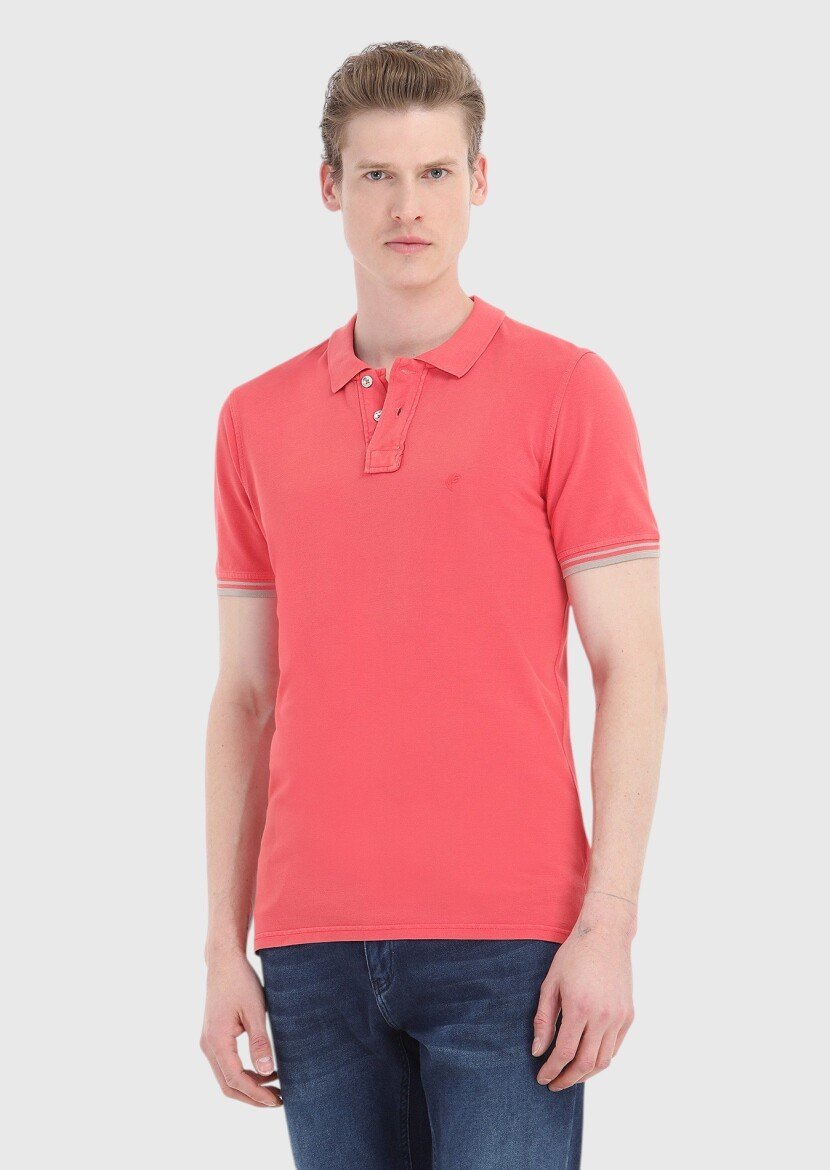 Nar Çiçeği Düz Polo Yaka %100 Pamuk T-Shirt 