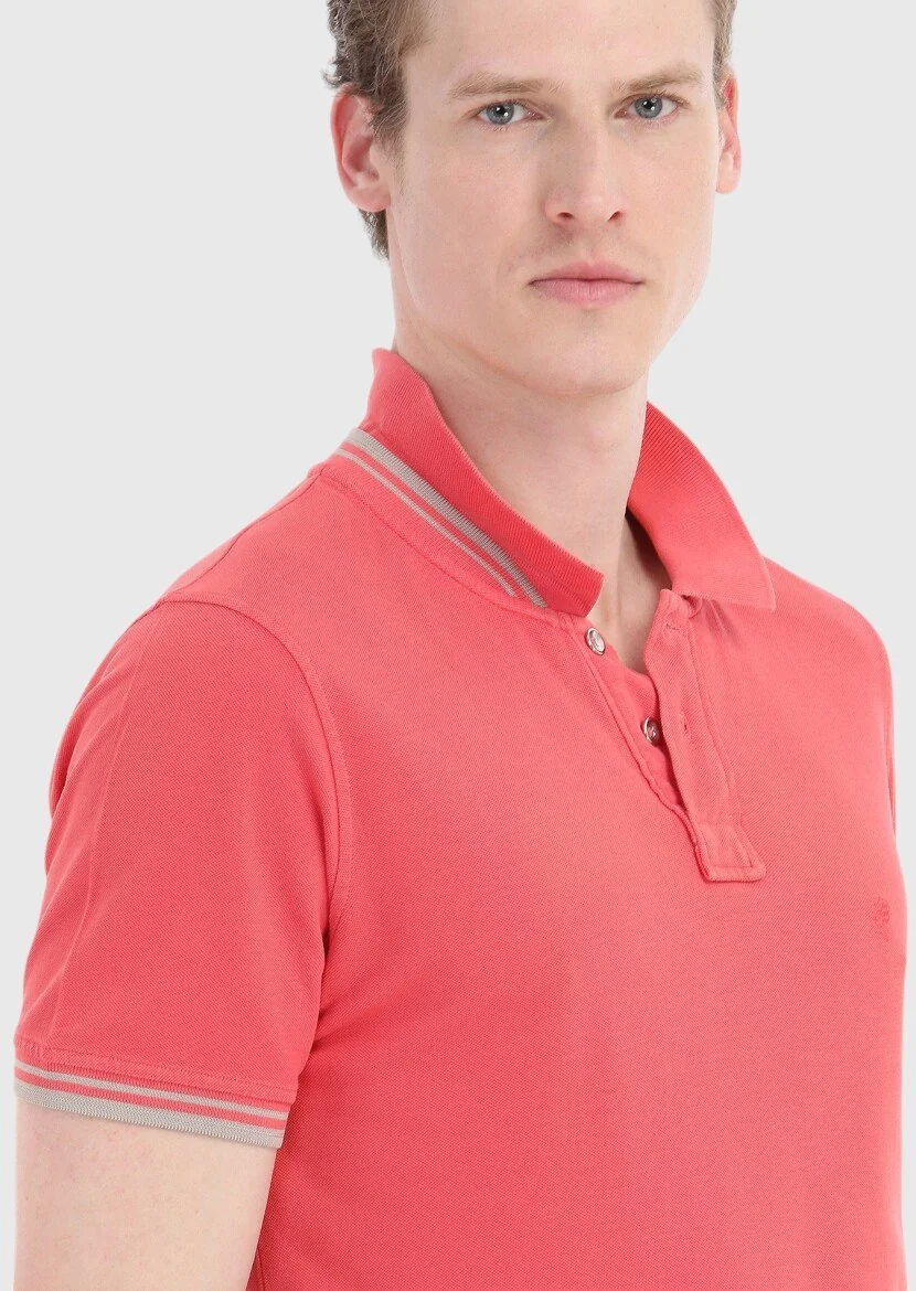 Nar Çiçeği Düz Polo Yaka %100 Pamuk T-Shirt - 4