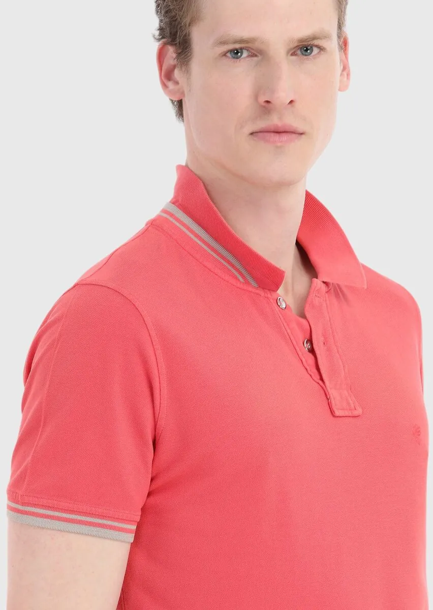 Nar Çiçeği Düz Polo Yaka %100 Pamuk T-Shirt - 4