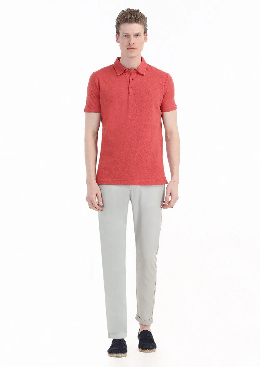 Nar Çiçeği Düz Polo Yaka Pamuk Karışımlı T-Shirt - 1
