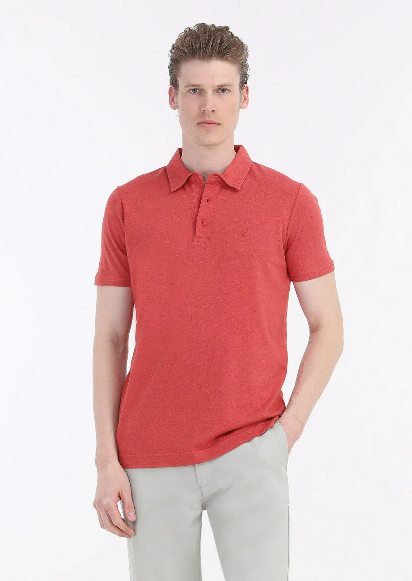 Nar Çiçeği Düz Polo Yaka Pamuk Karışımlı T-Shirt 