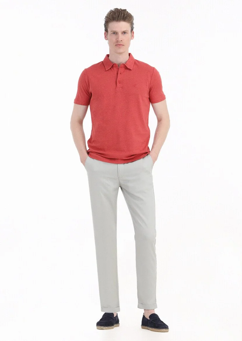 Nar Çiçeği Düz Polo Yaka Pamuk Karışımlı T-Shirt - 3