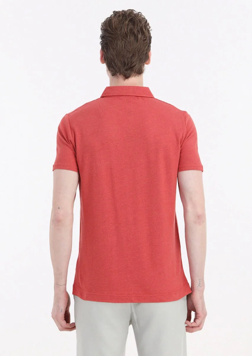 Nar Çiçeği Düz Polo Yaka Pamuk Karışımlı T-Shirt - 5