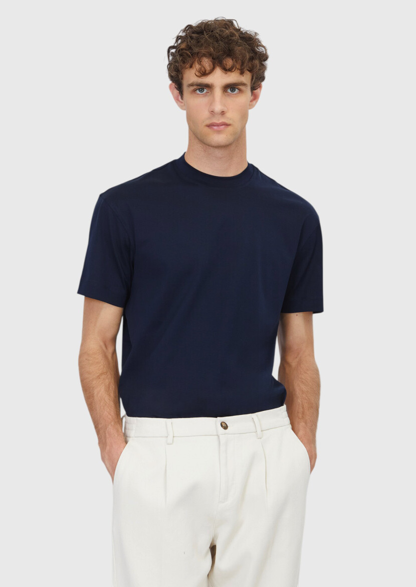 Navy Blue Plain Crew Neck 100% Cotton T-Shirt - RAMSEY