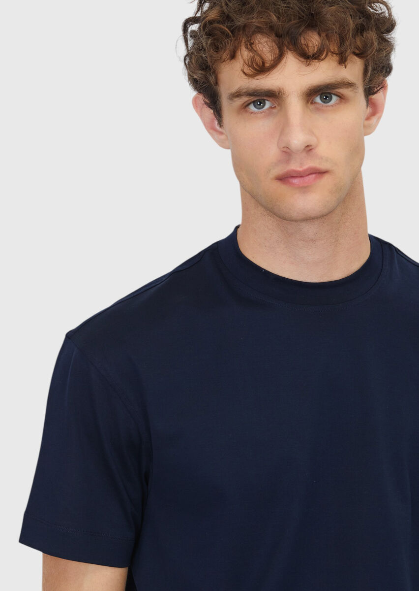 Navy Blue Plain Crew Neck 100% Cotton T-Shirt - 3