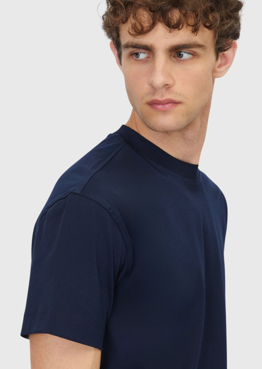 Navy Blue Plain Crew Neck 100% Cotton T-Shirt - 4