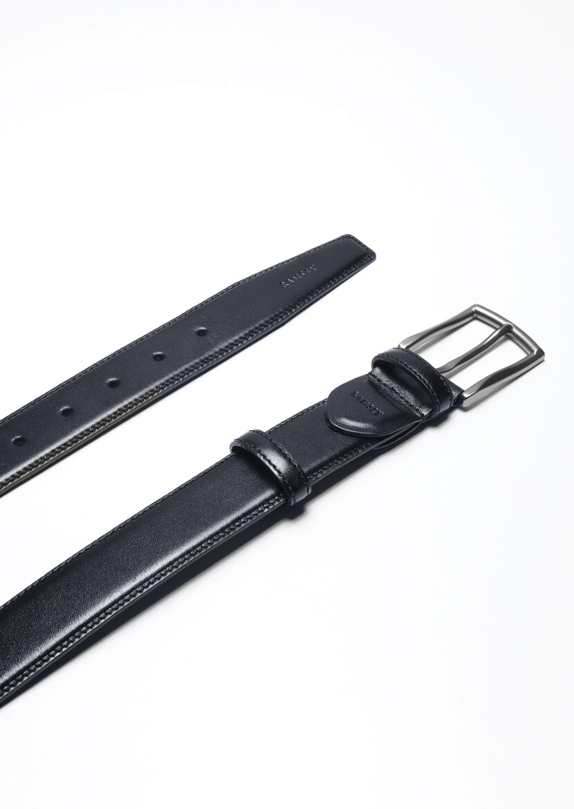 Navy Blue %100 Leather Belt - RAMSEY