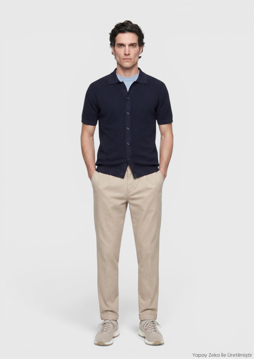 Navy Blue Brass Knit Silk Blended Cardigan - RAMSEY