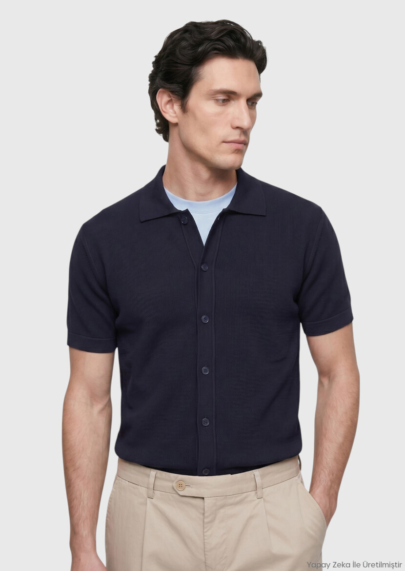Navy Blue Brass Knit Silk Blended Cardigan - RAMSEY