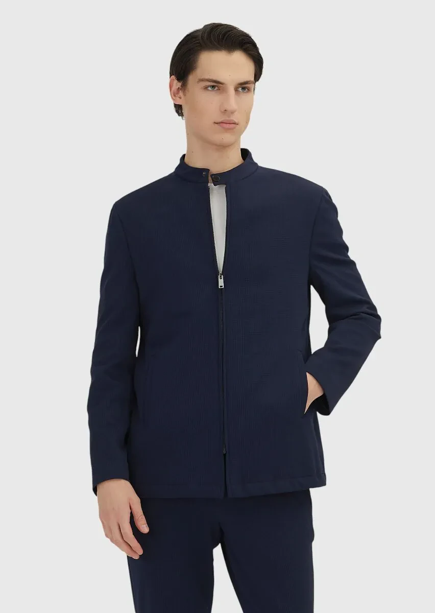 Navy Blue Checkered Comfort Fit Suit - 4