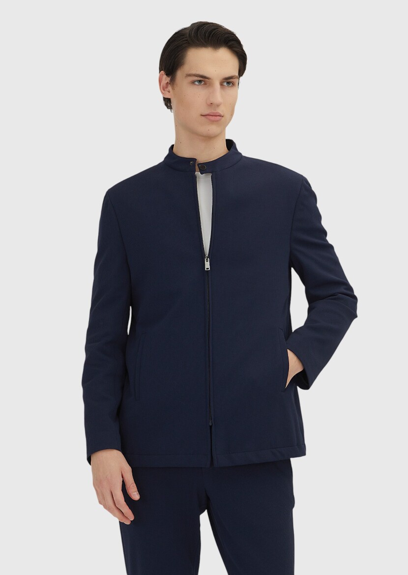 Navy Blue Checkered Comfort Fit Suit - 4