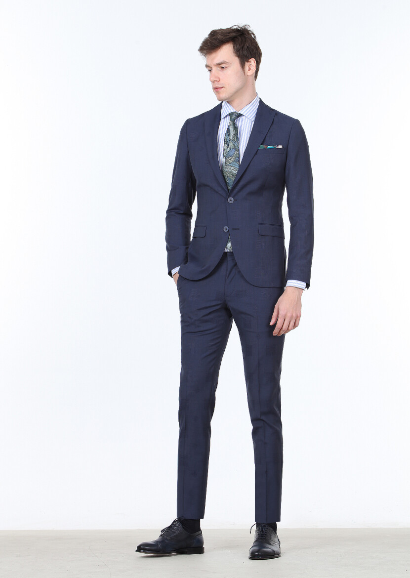 Navy Blue Checkered Fashion Slim Fit 100% Wool Suit - 1