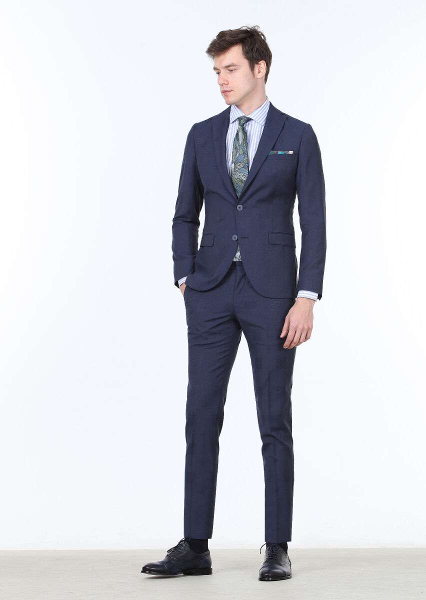 Navy Blue Checkered Fashion Slim Fit 100% Wool Suit - 1