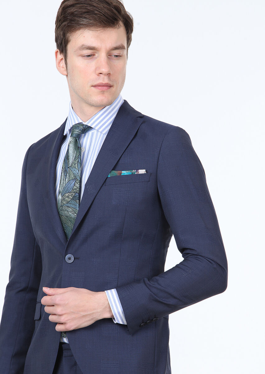 Navy Blue Checkered Fashion Slim Fit 100% Wool Suit - 2