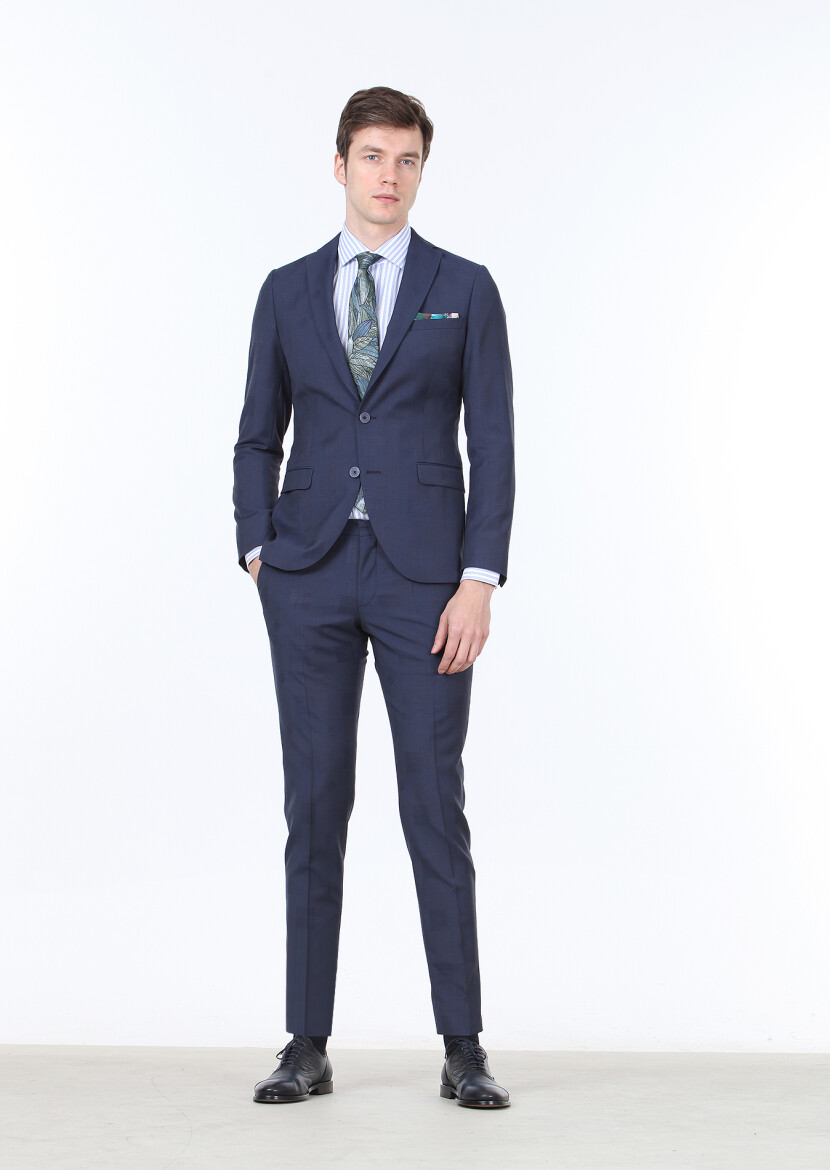 Navy Blue Checkered Fashion Slim Fit 100% Wool Suit - 3