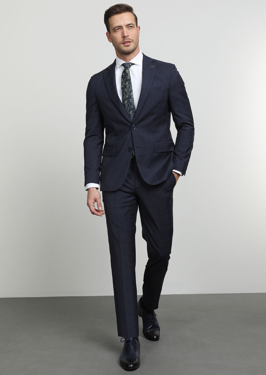Navy Blue Checkered Modern Fit 100% Wool Suit - 1