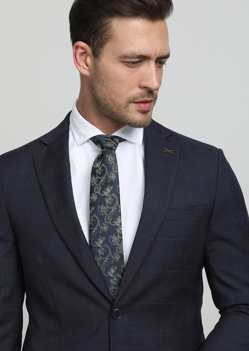 Navy Blue Checkered Modern Fit 100% Wool Suit - 2