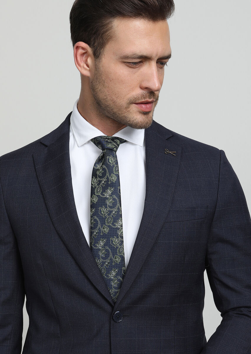 Navy Blue Checkered Modern Fit 100% Wool Suit - 2