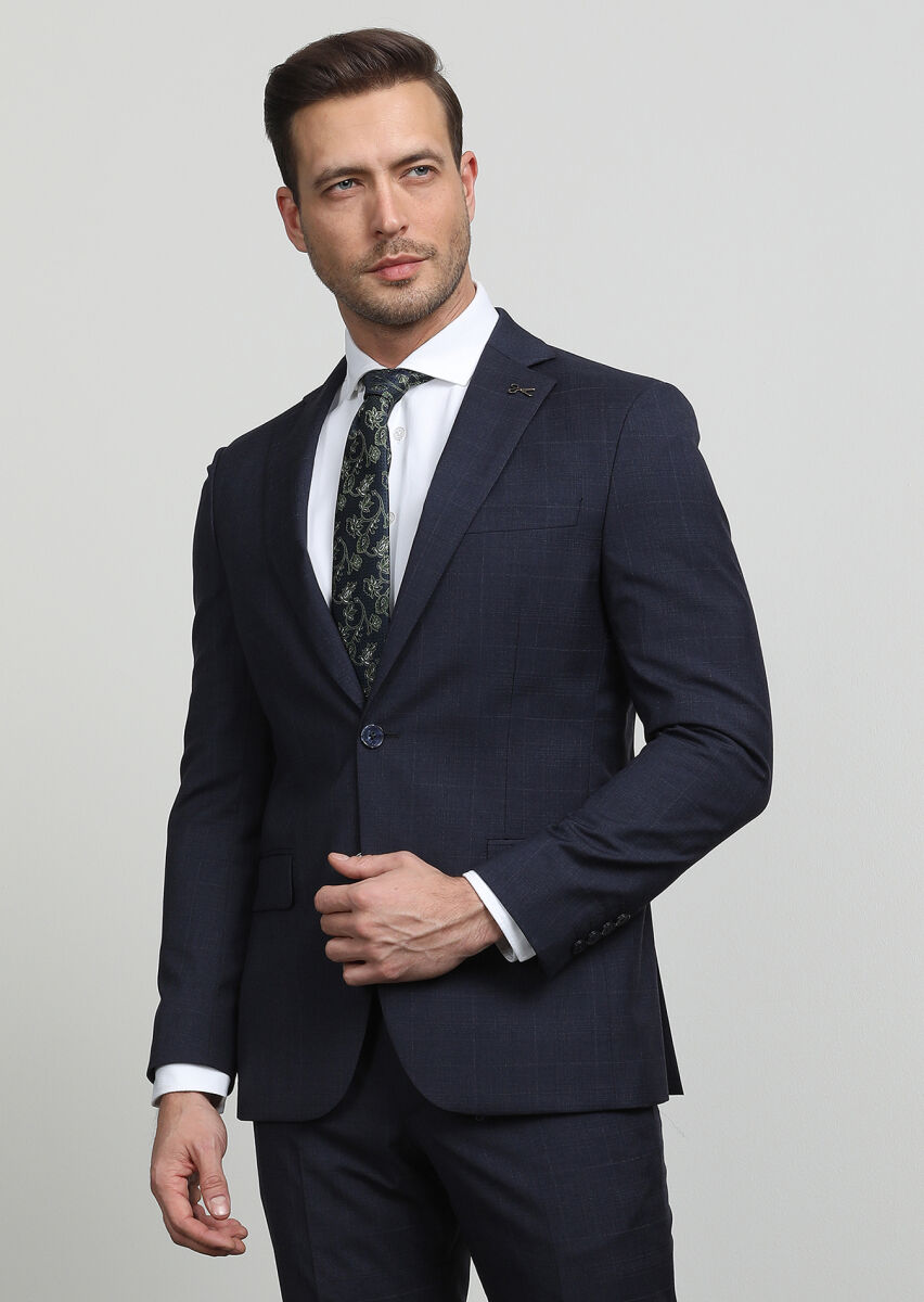 Navy Blue Checkered Modern Fit 100% Wool Suit - 3