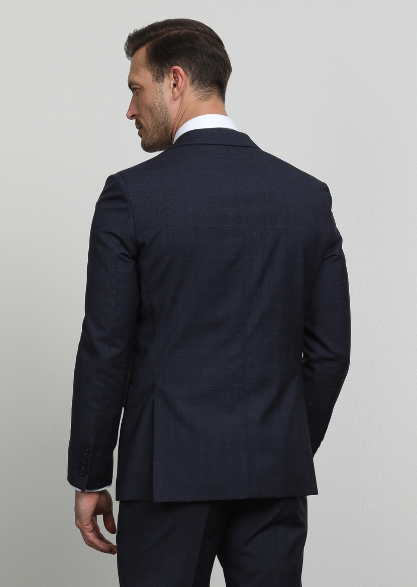 Navy Blue Checkered Modern Fit 100% Wool Suit - 4
