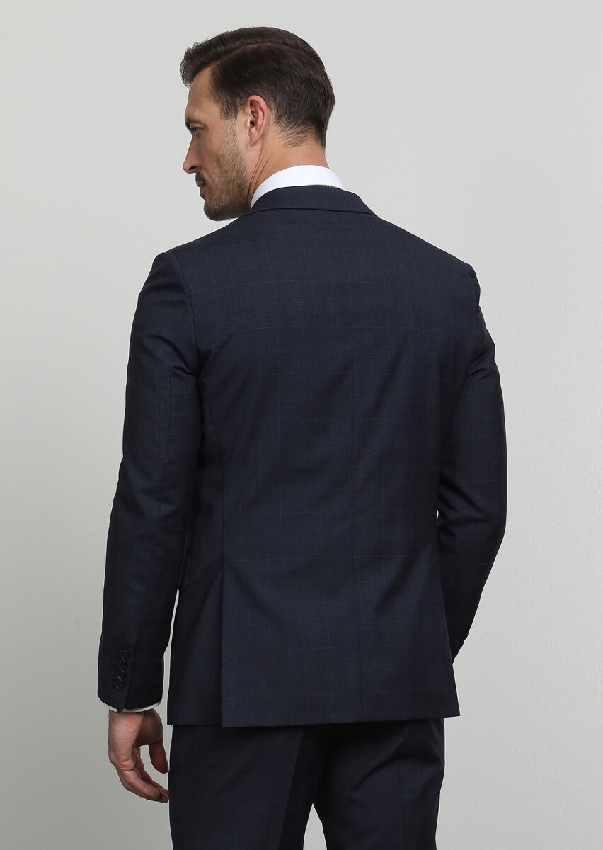 Navy Blue Checkered Modern Fit 100% Wool Suit - 4
