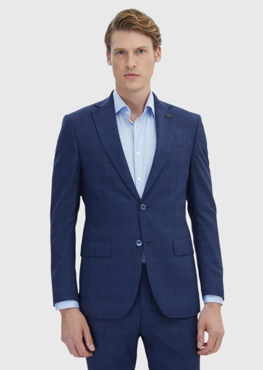 Navy Blue Checkered Modern Fit 100% Wool Suit - 1