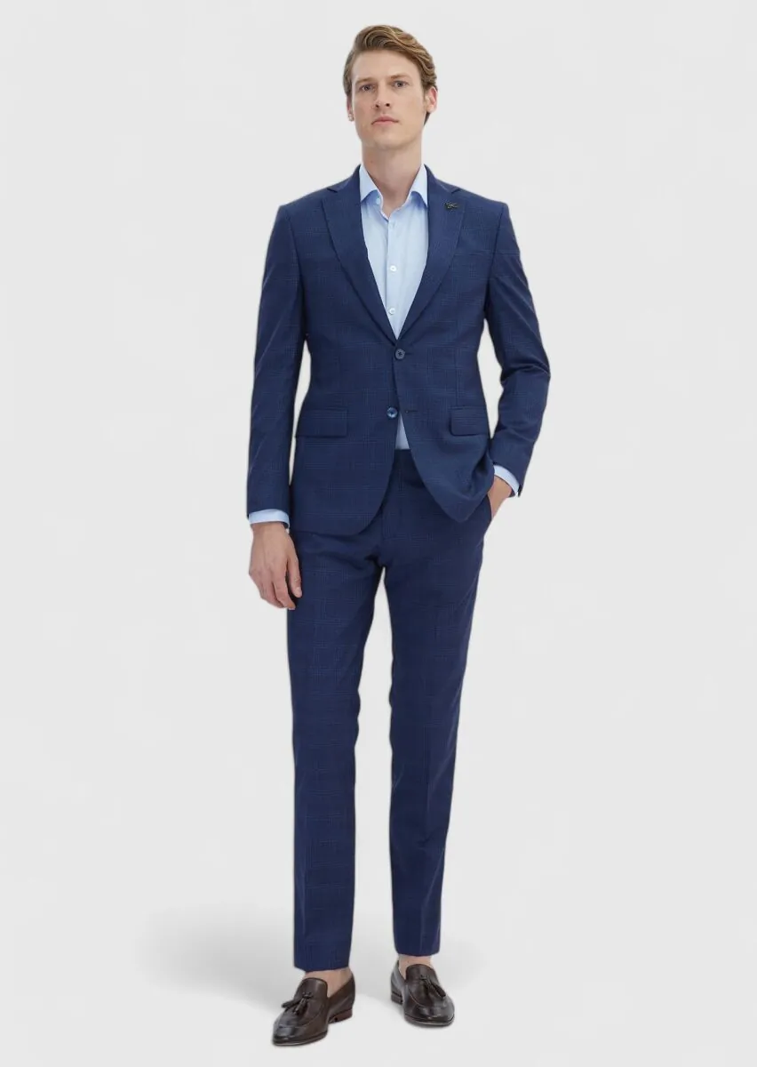 Navy Blue Checkered Modern Fit 100% Wool Suit - 2